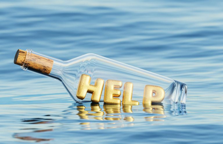 Owner wanting help with house preparation illustration image A glass bottle floating on water with yellow letters spelling "HELP" inside.