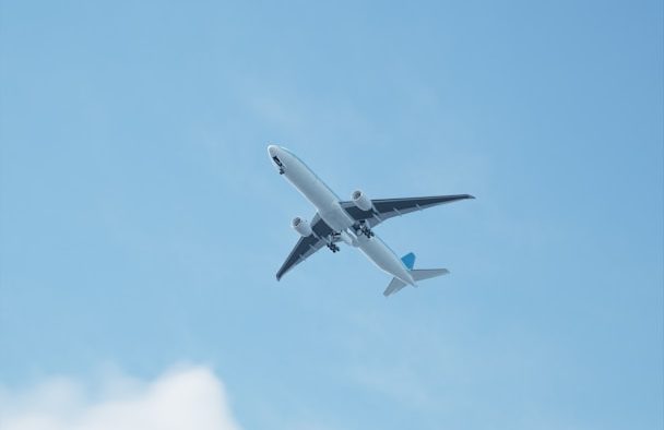 Moving overseas illustration image Aeroplane flying against a clear blue sky.